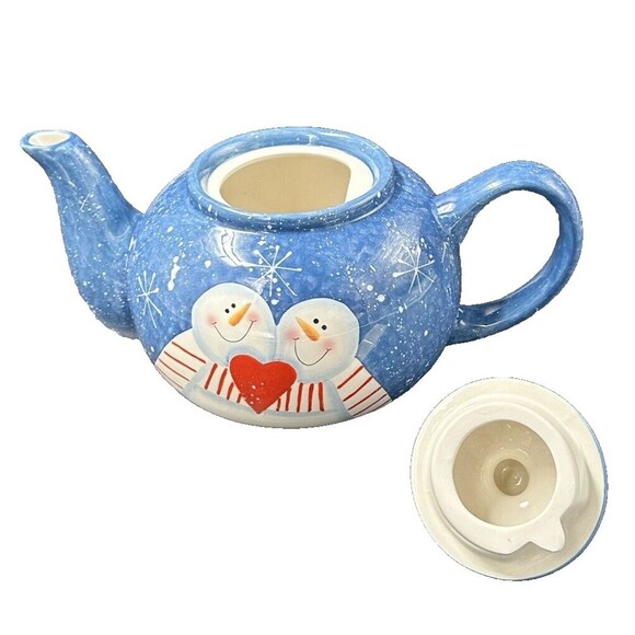 Folk Art Ceramic Blue and White Snowman Teapot with Snowflakes and Lid - Picture 7 of 7